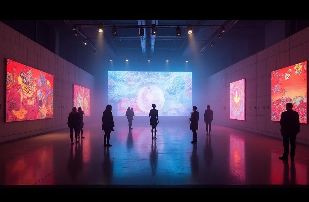 東京のモダンアートギャラリーまたはパフォーマンススペースのダイナミックなワイドショット